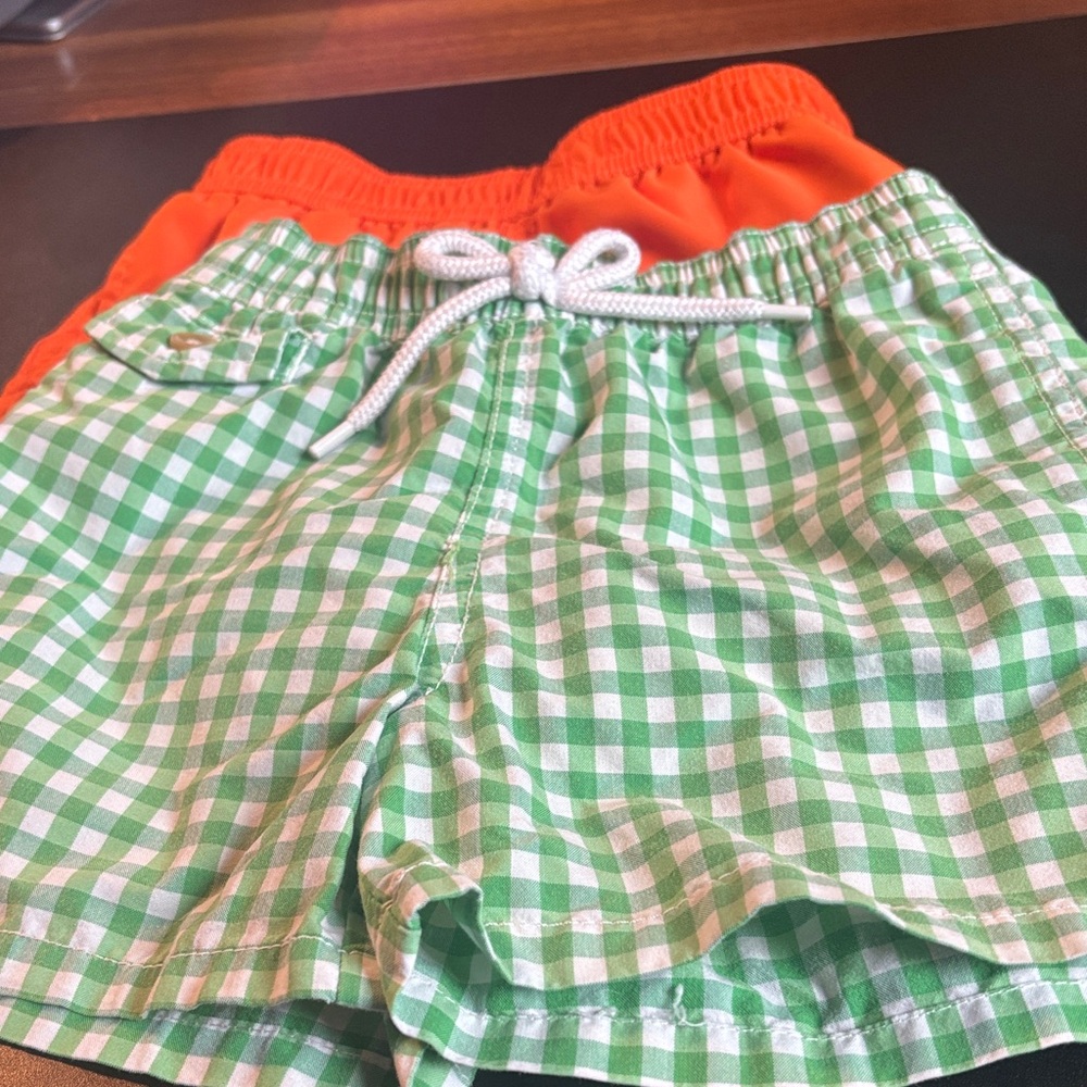 Polo by Ralph Lauren Kids' Green Checkered Swim Trunks and Orange Swim Trunks